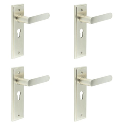 4 PACK Elegant Satin Nickel Door Handle with Euro Backplate for Luxurious Interiors - Solid Brass Interior Handle