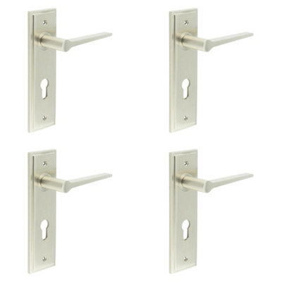 4 PACK Elegant Satin Nickel Door Handle with Euro Backplate for Modern Homes - Solid Brass Interior Handle