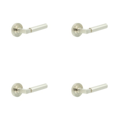 4 PACK Elegant Satin Nickel Door Handle with Rose Design - Solid Brass Interior Handle