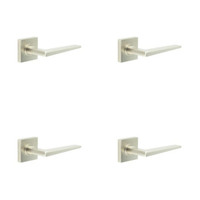 4 PACK Elegant Satin Nickel Door Handle with Square Rose - Solid Brass Interior Handle