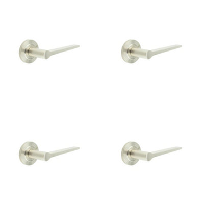 4 PACK Elegant Satin Nickel Door Handle with Stepped Rose Design - Solid Brass Interior Handles