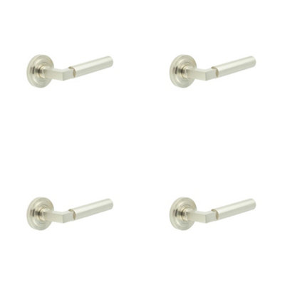 4 PACK Elegant Satin Nickel Door Handle with Stepped Rose Design Solid Brass Interior Handle