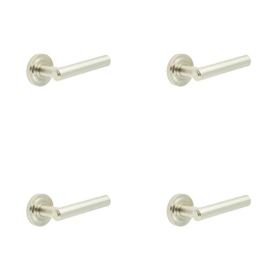 4 PACK Elegant Satin Nickel Door Handle with Stepped Rose Design - Solid Brass Interior Handle