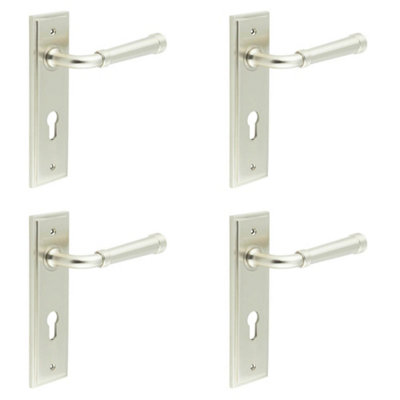 4 PACK Elegant Satin Nickel Euro Backplate Door Handle for Luxury Interiors - Solid Brass Interior Handle