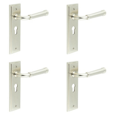 4 PACK Elegant Satin Nickel Euro Backplate Door Handle for Modern Homes - Solid Brass Interior Handle