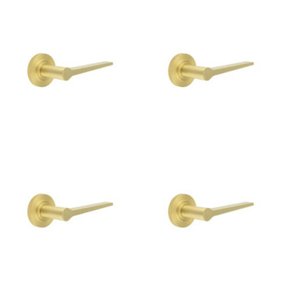 4 PACK Elegant Solid Brass Door Handle on Knurled Rose - Satin Finish - Solid Brass Interior Handle