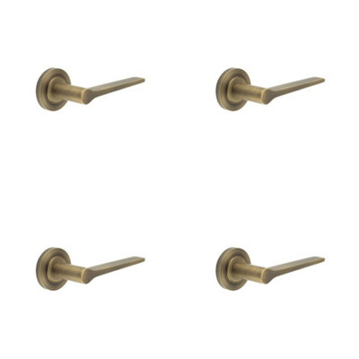 4 PACK Elegant Solid Brass Door Handle on Reeded Rose in Antique Finish - Solid Brass Interior Handle