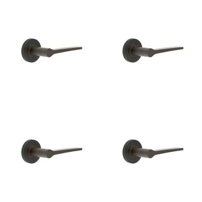 4 PACK Elegant Solid Brass Door Handle with Knurled Rose in Dark Bronze Finish - Solid Brass Interior Handle
