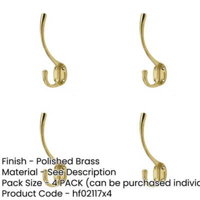 4 PACK Elegant Solid Brass Hat and Coat Hook - 142mm Polished Finish - Wall Mounted Clothing Hook