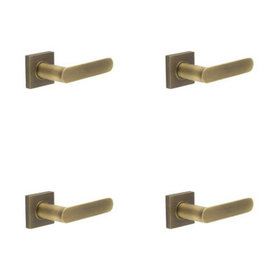 4 PACK Elegant Square Plain Door Handle in Antique Brass Finish - Solid Brass Interior Handle