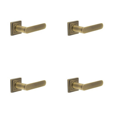 4 PACK Elegant Square Stepped Rose Door Handle in Antique Brass Finish - Solid Brass Interior Handle