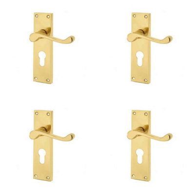 4 PACK Elegant Victorian Scroll Door Handle with Euro Profile Lockplate in Polished Brass Finish - Interior Lever on Backplate