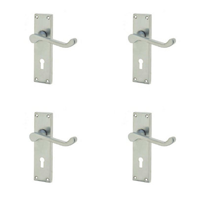 4 PACK Elegant Victorian Scroll Door Handle with Lockplate in Satin Chrome Finish - Interior Lever on Backplate