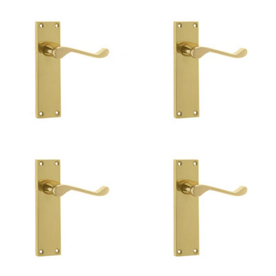 4 PACK Elegant Victorian Scroll Door Handle with Long Polished Brass Latchset Plate - Interior Lever on Backplate