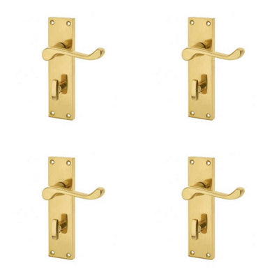 4 PACK Elegant Victorian Scroll Door Handle with Polished Brass Finish for Bathroom Plates - Interior Lever on Backplate