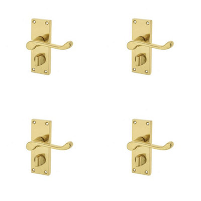 4 PACK Elegant Victorian Scroll Door Handle with Privacy Plate in Polished Brass - Interior Lever on Backplate