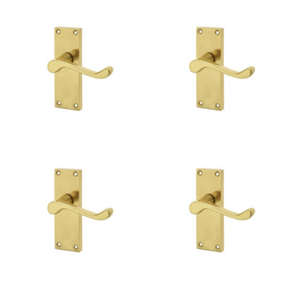4 PACK Elegant Victorian Scroll Door Handle with Short Latchset in Polished Brass - Interior Lever on Backplate