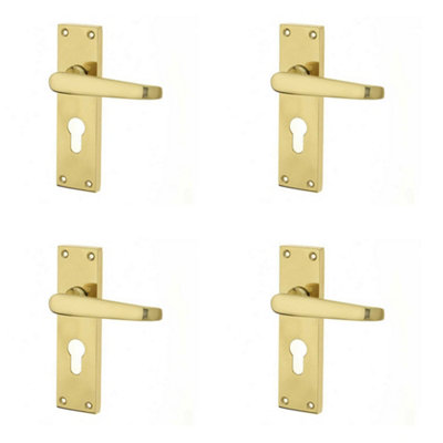 4 PACK Elegant Victorian Straight Door Handle in Polished Brass for Euro Profile Lockplates - Interior Lever on Backplate