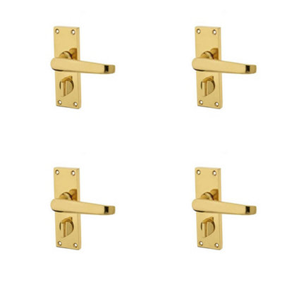 4 PACK Elegant Victorian Straight Door Handle on Privacy Plate in Polished Brass Finish - Interior Lever on Backplate