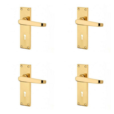 4 PACK Elegant Victorian Straight Door Handle with Lockplate in Polished Brass Finish - Interior Lever on Backplate