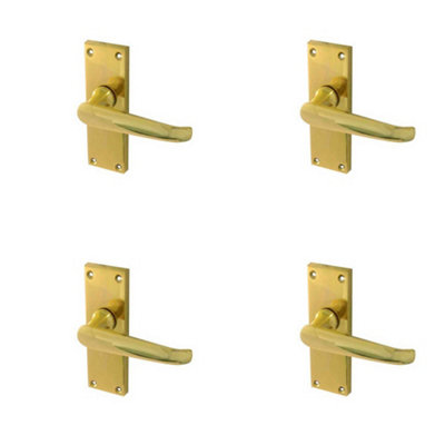 4 PACK Elegant Victorian Straight Door Handle with Polished Brass Finish - Interior Lever on Backplate