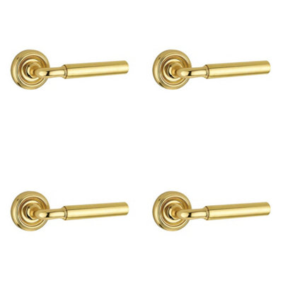 4 PACK Elise Polished Brass Door Handle on Rose - Modern Design - Interior Handle