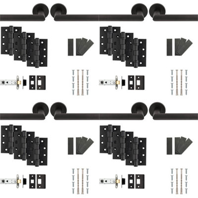 4 PACK - Fire Door Rated Handle & Latch Pack SetMatt Black Mitred Bar Screwless Round Rose