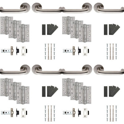 4 PACK - Fire Door Rated Handle & Latch Pack SetSatin Steel Curved Bar Screwless Round Rose