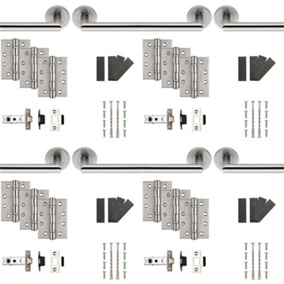 4 PACK - Fire Door Rated Handle & Latch Pack SetSatin Steel Mitred Bar Screwless Round Rose