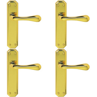 4 PACK - Geometric Internal Latch Door Handle - Polished Brass Lever On Angular Backplate