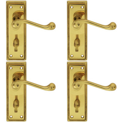 4 PACK - Georgian Scroll Bathroom Latch Door Handle - Polished Brass Lever on Backplate