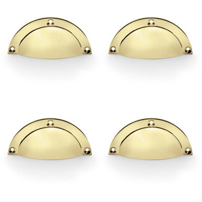 4 PACK - Half Moon Cup Handle Polished Brass 86mm Centres Solid Brass Shaker Drawer Pull