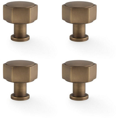 4 PACK - Industrial Hex Cabinet Door Knob - 33mm Antique Brass Cupboard Pull Handle