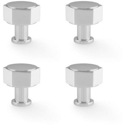 4 PACK - Industrial Hex Cabinet Door Knob - 33mm Polished Chrome Cupboard Pull Handle
