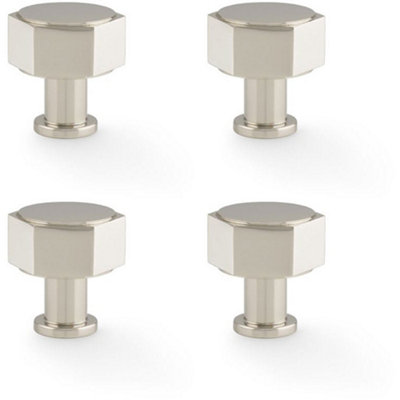 4 PACK - Industrial Hex Cabinet Door Knob - 33mm Polished Nickel Cupboard Pull Handle