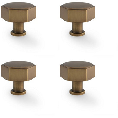 4 PACK - Industrial Hex Cabinet Door Knob - 40mm Antique Brass Cupboard Pull Handle