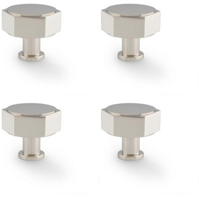 4 PACK - Industrial Hex Cabinet Door Knob - 40mm Polished Nickel Cupboard Pull Handle