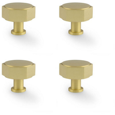 4 PACK - Industrial Hex Cabinet Door Knob - 40mm Satin Brass Cupboard Pull Handle
