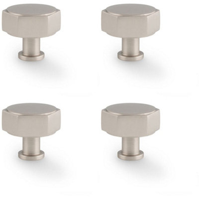 4 PACK - Industrial Hex Cabinet Door Knob - 40mm Satin Nickel Cupboard Pull Handle