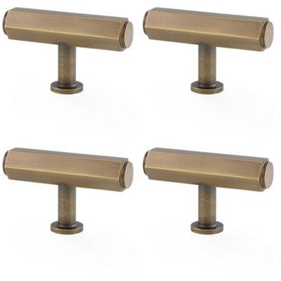 4 PACK - Industrial Hex T Bar Cabinet Door Knob - 55mm x 38mm - Antique Brass Pull Handle