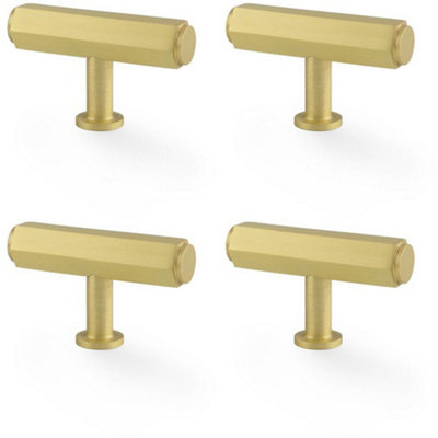 4 PACK - Industrial Hex T Bar Cabinet Door Knob - 55mm x 38mm - Satin Brass Pull Handle