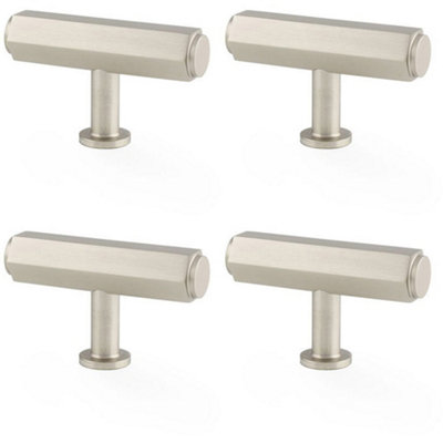 4 PACK - Industrial Hex T Bar Cabinet Door Knob - 55mm x 38mm - Satin Nickel Pull Handle