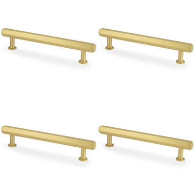 4 PACK - Industrial Hex T Bar Pull Handle - Satin Brass 128mm Centres Kitchen Cabinet