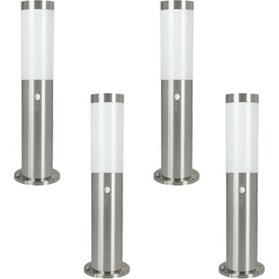 4 PACK IP44 Outdoor Bollard Light & PIR Sensor Stainless Steel 450mm Lamp Post