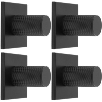 4 PACK - Knurled Cylinder Cabinet Door Knob & Matching Backplate - Matt Black 40 x 40mm