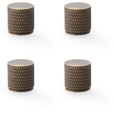 4 PACK - Knurled Cylinder Cupboard Door Knob - 20mm x 20mm - Antique Brass Pull Handle