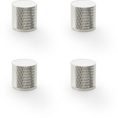 4 PACK - Knurled Cylinder Cupboard Door Knob - 20mm x 20mm - Polished Nickel Pull Handle