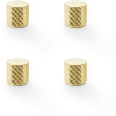 4 PACK - Knurled Cylinder Cupboard Door Knob - 20mm x 20mm - Satin Brass Pull Handle