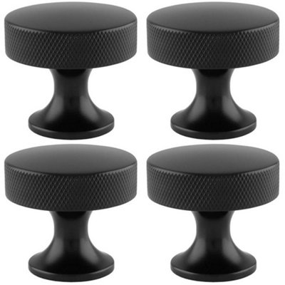 4 PACK - Knurled Flared Stem Cabinet Door Knob - 38mm Matt Black Cupboard Pull Handle