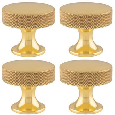 4 PACK - Knurled Flared Stem Cabinet Door Knob - 38mm Polished Brass Cupboard Pull Handle